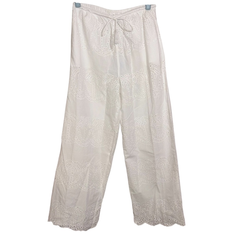 Blue Island Swim Coverup Pants Cotton White High Rise Wide Leg Eyelet Size Small